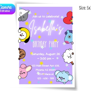 Könnte beinhalten: Eine 12,7 x 17,8 cm große Einladung mit lavendelfarbenem Hintergrund. Sie zeigt Zeichentrickfiguren und Text. Die Einladung lautet "Isabellas Geburtstagsparty" mit Datum, Uhrzeit und Ortsangaben. Das Canva-Logo befindet sich in der oberen linken Ecke.