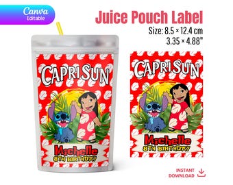 Stitch Capri Sun Label Editable Canva Template | Lilo & Stitch Aloha Birthday Party Favor Juice Pouch Digital