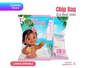 Editable Moana Chip Bag Template, Canva Birthday Party Favor, Printable Luau Snack Bag, Custom Tropical Decor, Instant Download