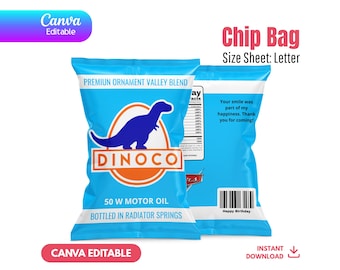 Editable Cars Chip Bag Template, Rust-eze Party Favor, Lightning McQueen Snack Bag, Canva Racing Birthday, Instant Download, Dinoco