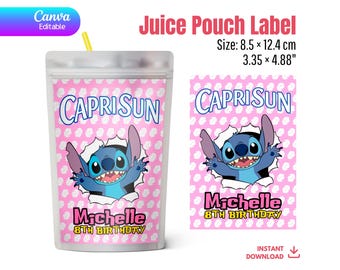 Stitch Capri Sun Label Editable Canva Template | Lilo & Stitch Aloha Birthday Party Favor Juice Pouch Digital