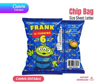 Plantilla editable de bolsa de papas fritas de Toy Story, recuerdo de fiesta de Woody y Buzz, bolsa de refrigerio de cumpleaños de Canva, decoración espacial de vaqueros, descarga instantánea