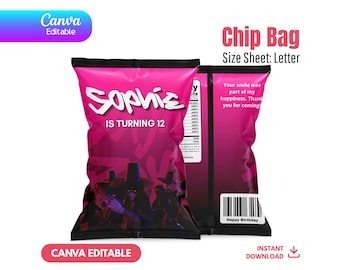 Modello modificabile per sacchetto di patatine K-Pop Demon Hunters / Bomboniera per la festa di compleanno dei ragazzi Huntrix Saja / Involucro per snack Canva stampabile e scaricabile digitalmente