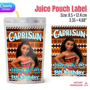 May include: A Capri Sun juice pouch label featuring a cartoon image of a woman in a red and white outfit. The label includes the text "CAPRI SUN" and "JOAN'S 5th Birthday". The pouch measures 3.35 x 4.88 inches.