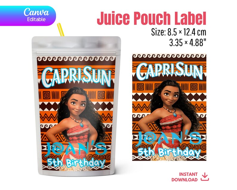 May include: A Capri Sun juice pouch label featuring a cartoon image of a woman in a red and white outfit. The label includes the text "CAPRI SUN" and "JOAN'S 5th Birthday". The pouch measures 3.35 x 4.88 inches.