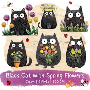 Könnte beinhalten: Sechs Illustrationen von Cartoon-Schwarzen Katzen mit Frühlingsblumen. Jede Katze hat große weiße Augen und rosa Wangen, umgeben von bunten Blumen, Bienen und Marienkäfern. Der Text "Black Cat with Spring Flowers" befindet sich unten.