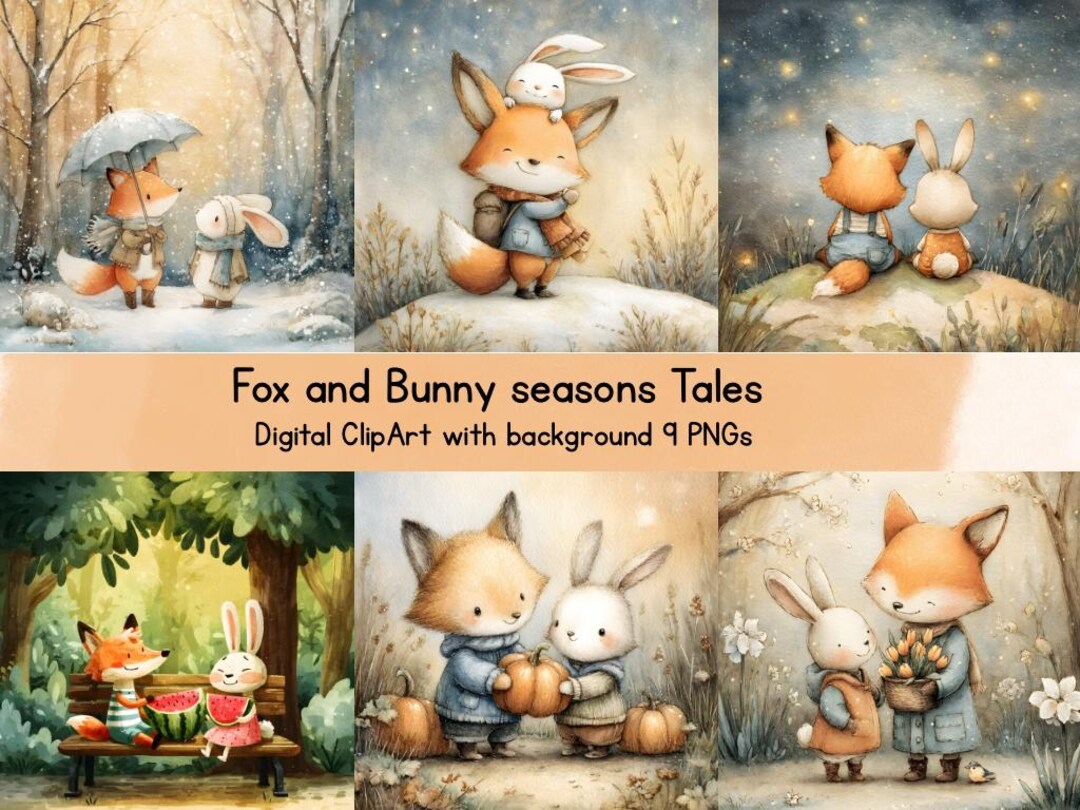 Watercolor Kawaii Fox and Bunny Clipart– Woodland Animal Art Print ...