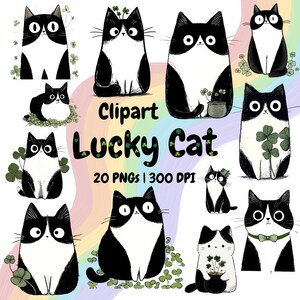 May include: A collection of black and white cartoon cat illustrations with various poses and clover accents. The text "Clipart Lucky Cat" is displayed with additional details about the image set.