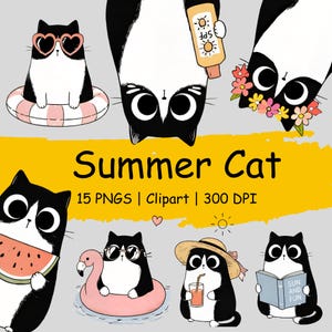 May include: A collection of cartoon cats in various summer scenes. One cat wears heart-shaped sunglasses and floats on a pink inner tube. Another holds a watermelon slice. The image includes the text "Summer Cat" and "15 PNGS | Clipart | 300 DPI".