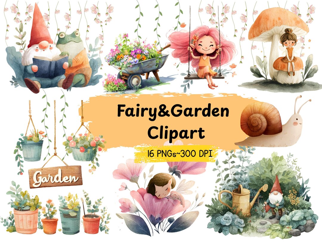 Watercolor Spring Garden Clipart | Gnome, Snail, Flowers, Fairy (PNG ...