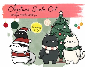 Kawaii Christmas Cat , Santa Cat lover, Funny kitty , Holiday PNG (Digital Download)