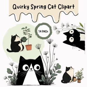 Op de afbeelding: Afbeelding met de titel "Quirky Spring Cat Clipart" met zwart-witte katten in verschillende poses. Eén kat geeft een plant water, een andere gluurt achter bladeren vandaan en een derde kijkt omhoog. De tekst "14 PNGs" is inbegrepen.