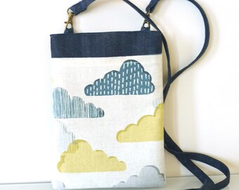 Phone pouch with clouds fabric, Japanese design, crossbody style, denim phone case, outer pocket