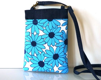 Retro flower phone pouch crossbody style, denim cell phone pouch, passport holder, minimalist bag