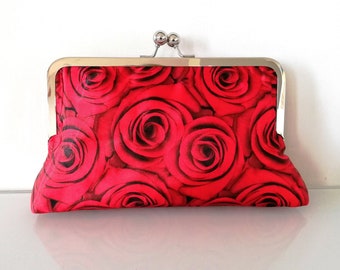 Red roses clutch, evening bag, special occasion handbag floral purse