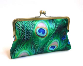 Peacock clutch, evening purse, satin fabric, iridescent colours