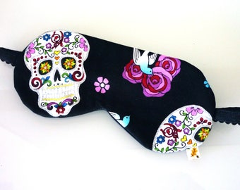 Sugar skulls sleep mask, silk and cotton eye mask, roses, going away gift, travel accessory, Calavera