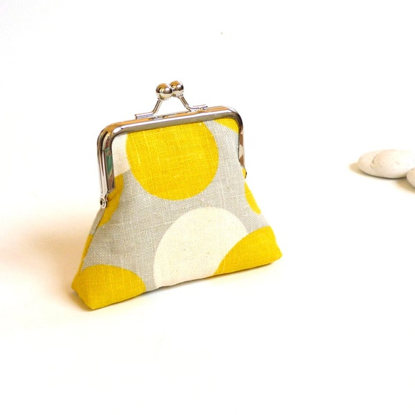 Retro purse, mid century purse, yellow gray purse, vintage linen coin purse, spot silver summer, geometric dots circles, citrus sunshine