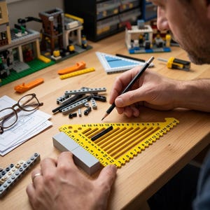 May include: A yellow plastic triangular measuring tool with numbered slots ranging from 2 to 18, featuring a gray rectangular block attached to one side. The tool is used for organizing and measuring small plastic building brick components.