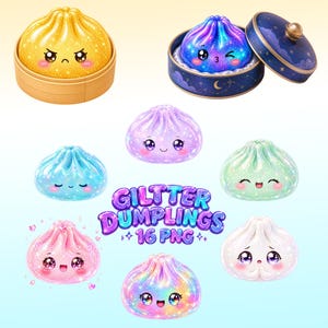 May include: A collection of seven glittery dumpling illustrations with various facial expressions and colours, including yellow, blue, purple, green, pink, and white. The text GLITTER DUMPLINGS 16 PNG is centred among the dumplings, which are shown individually or in containers.