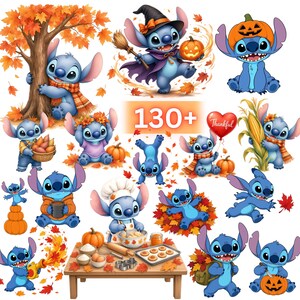 May include: A collection of blue alien character illustrations featuring autumn themes, including pumpkins, maple leaves, a witch costume, a chef hat, and a table with baking supplies. The central text reads 130+ in a bold orange font.