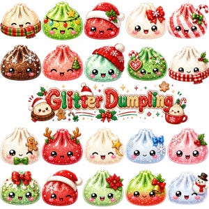 Glitter Christmas Dumpling Clipart PNG Bundle, Cute Kawaii Holiday Dumpling Clip Art, Sparkly Xmas Food Characters, Digital Download