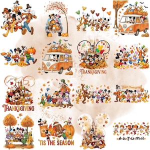 May include: A collection of Disney character illustrations featuring Mickey, Minnie, Donald, Daisy, Goofy, and Pluto in autumn and Thanksgiving scenes. The graphics include pumpkins, fall foliage, camper vans, and text such as THANKSGIVING, TIS THE SEASON, and AUTUMN.