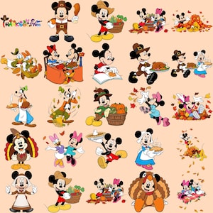 Könnte beinhalten: Eine Sammlung von Disney-Figuren-Illustrationen mit Mickey Maus, Minnie Maus, Donald Duck, Daisy Duck und Goofy in verschiedenen Thanksgiving-Szenen, darunter das Ernten von Gemüse, Kochen und Spielen im herbstlichen Laub.