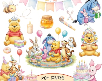 70+ PNG Winnie the Pooh Birthday Clipart Bundle, Watercolor Pooh and Friends PNG, Baby Shower Party Decor Digital Download