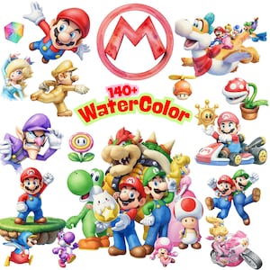 May include: A collection of Super Mario character illustrations including Mario, Luigi, Peach, Bowser, Yoshi, Toad, and Waluigi. The image features a red letter M in a circle, the text 140+ WaterColor, and various game items like a Piranha Plant.