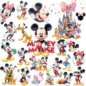 Pode incluir: Uma coleção de ilustrações coloridas de personagens da Disney com Mickey Mouse, Minnie Mouse, Pato Donald, Margarida, Pateta e Pluto em várias poses. O texto Mickey Mouse está impresso em letras vermelhas em negrito no centro da imagem.