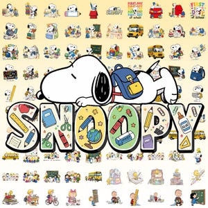 May include: A digital collage featuring Snoopy and the Peanuts gang in school-themed scenes, including school buses, books, and stationery. A large Snoopy lies across the centre above the word SNOOPY, which is filled with school supply illustrations.