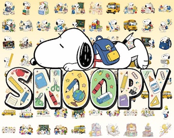 Paquete de más de 100 imágenes prediseñadas PNG de Snoopy para la vuelta al cole, descarga PNG del personaje escolar Snoopy Woodstock