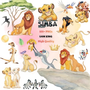 May include: A digital collection of Lion King character illustrations featuring Simba, Mufasa, Nala, Timon, Pumbaa, Rafiki, Zazu, and hyenas. The graphic includes the text SIMBA, 100+ PNGs, LION KING, and High Quality against a soft watercolor background.