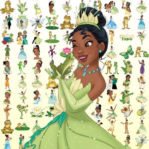 May include: A large collection of stickers featuring characters and scenes from The Princess and the Frog, including Tiana in a green gown, various frogs, fireflies, and floral elements, with the text The Princess and the Frog visible.