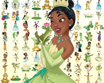 May include: A large collection of stickers featuring characters and scenes from The Princess and the Frog, including Tiana in a green gown, various frogs, fireflies, and floral elements, with the text The Princess and the Frog visible.