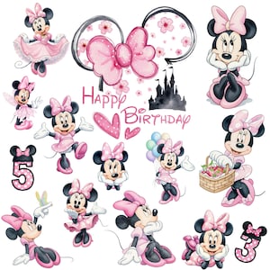 Pode incluir: Uma coleção de ilustrações da Minnie Mouse com vestidos e laços cor-de-rosa, uma silhueta de castelo preto e o texto Happy Birthday. Inclui várias poses, um cesto de flores, balões e os números 3 e 5 com bolinhas cor-de-rosa.