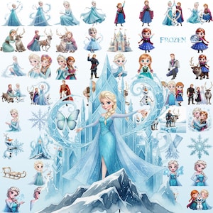 Puede incluir: Una colección de pegatinas de personajes de Frozen con Elsa, Anna, Kristoff, Olaf y Sven en varias poses, junto con un castillo de hielo, copos de nieve y una mariposa. La palabra Frozen está impresa en texto azul cerca de la esquina superior derecha.