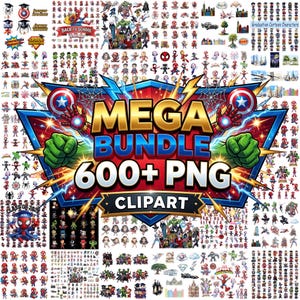 以下が含まれることがあります： 600以上のPNGクリップアートファイルのデジタルコレクション。様々なスーパーヒーローのキャラクター、コミックアイコン、テーマ別のグラフィックが含まれています。中央のテキストは「MEGA BUNDLE 600+ PNG CLIPART」で、盾、稲妻、緑色の拳で囲まれています。