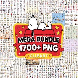 May include: A digital collection of over 1700 Snoopy character PNG clipart files featuring various themes and poses. The central graphic displays a white Snoopy dog lying on a red doghouse with the text MEGA BUNDLE 1700+ PNG CLIPART.