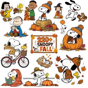 Könnte beinhalten: Eine Sammlung von Peanuts-Charakterillustrationen mit Snoopy, Woodstock und Freunden in herbstlichen Szenen. Das zentrale Schild trägt die Aufschrift 220+ SNOOPY FALL. Die Figuren sind mit Kürbissen, Herbstlaub, Fahrrädern, Büchern und saisonaler Kleidung dargestellt.