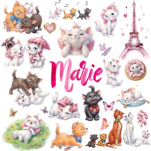 Può includere: Una collezione di illustrazioni della gatta Marie in varie pose, tra cui Marie con un ombrello rosa, con un tocco di laurea, che riposa su una ciambella e dorme su un cuscino, accanto alla Torre Eiffel e al nome Marie in rosa.