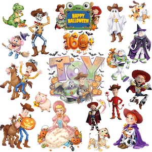 May include: A collection of Halloween-themed stickers featuring characters from Toy Story, including Woody, Buzz Lightyear, Jessie, and Rex in costumes. The set includes text reading Happy Halloween and 160+ Toy Story, with pumpkins, bats, and candy illustrations.