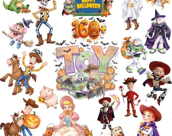 May include: A collection of Halloween-themed stickers featuring characters from Toy Story, including Woody, Buzz Lightyear, Jessie, and Rex in costumes. The set includes text reading Happy Halloween and 160+ Toy Story, with pumpkins, bats, and candy illustrations.