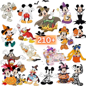 Puede incluir: Una colección de ilustraciones digitales con personajes de Disney en disfraces de Halloween, incluyendo a Mickey y Minnie Mouse, el Pato Donald y Pluto vestidos de momias, brujas, vampiros y esqueletos, con el texto 210+ en el centro.