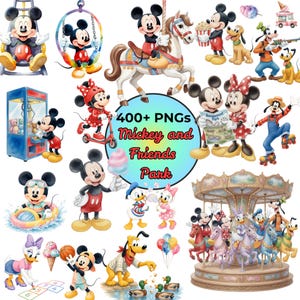 Peut inclure: Une collection d'illustrations numériques représentant Mickey, Minnie, Donald, Daisy, Dingo et Pluto dans un parc d'attractions, avec un carrousel, une machine à pinces, de la barbe à papa et le texte 400+ PNGs Mickey and Friends Park.
