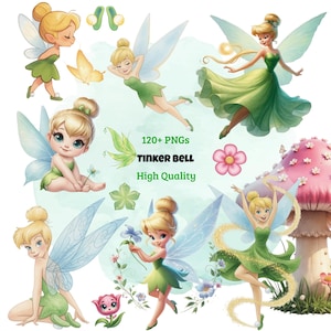May include: A digital collection of Tinker Bell illustrations featuring various poses of the fairy with blonde hair in a bun, wearing a green dress and translucent wings, alongside a pink mushroom, flowers, and the text 120+ PNGS TINKER BELL High Quality.