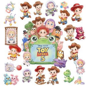 Puede incluir: Una colección de pegatinas estilo dibujo animado con personajes de Toy Story, incluyendo a Woody, Buzz Lightyear, Jessie y Bo Peep en versiones de bebé. Un marco central verde con forma de rana muestra el logo de Disney Pixar Toy Story 5.