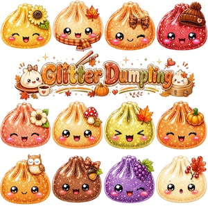 May include: A collection of twelve glittery dumpling stickers with smiling faces, featuring autumn-themed accessories like sunflowers, maple leaves, pumpkins, owls, and mushrooms. The central text reads Glitter Dumpling, decorated with small stars and fall foliage.
