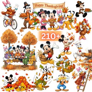 May include: A collection of Disney character illustrations featuring Mickey, Minnie, Donald, Daisy, Goofy, and Pluto in autumn-themed scenes with pumpkins, fall leaves, and pies. The text Happy Thanksgiving and 210+ are clearly visible.